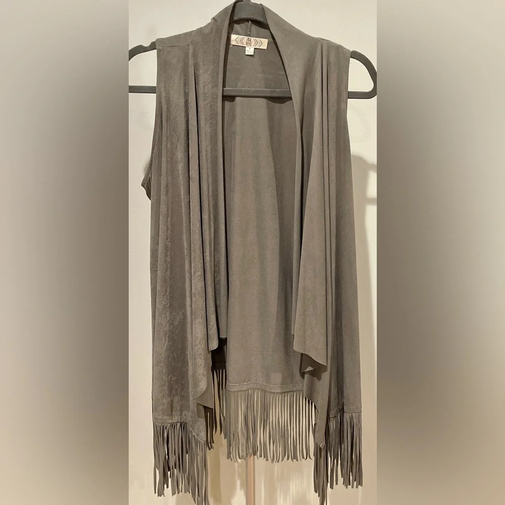 Pink Rose Fringe Vest Olive/Gray Faux Suede Waterfall Open Front Women’s S.